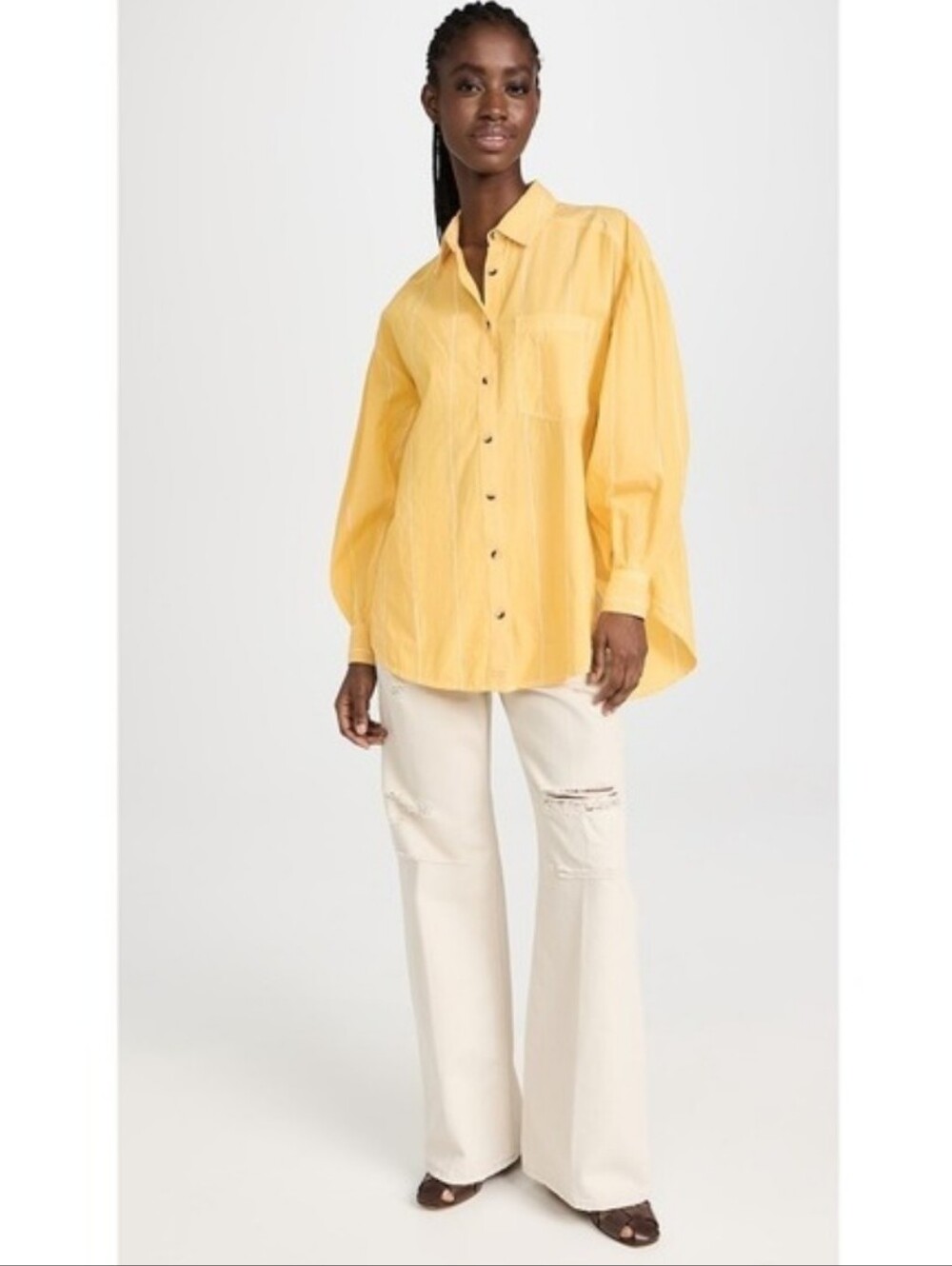 Free People Happy Hour Stripe Top Butter Yellow Button Up Long Sleeve Womens Med